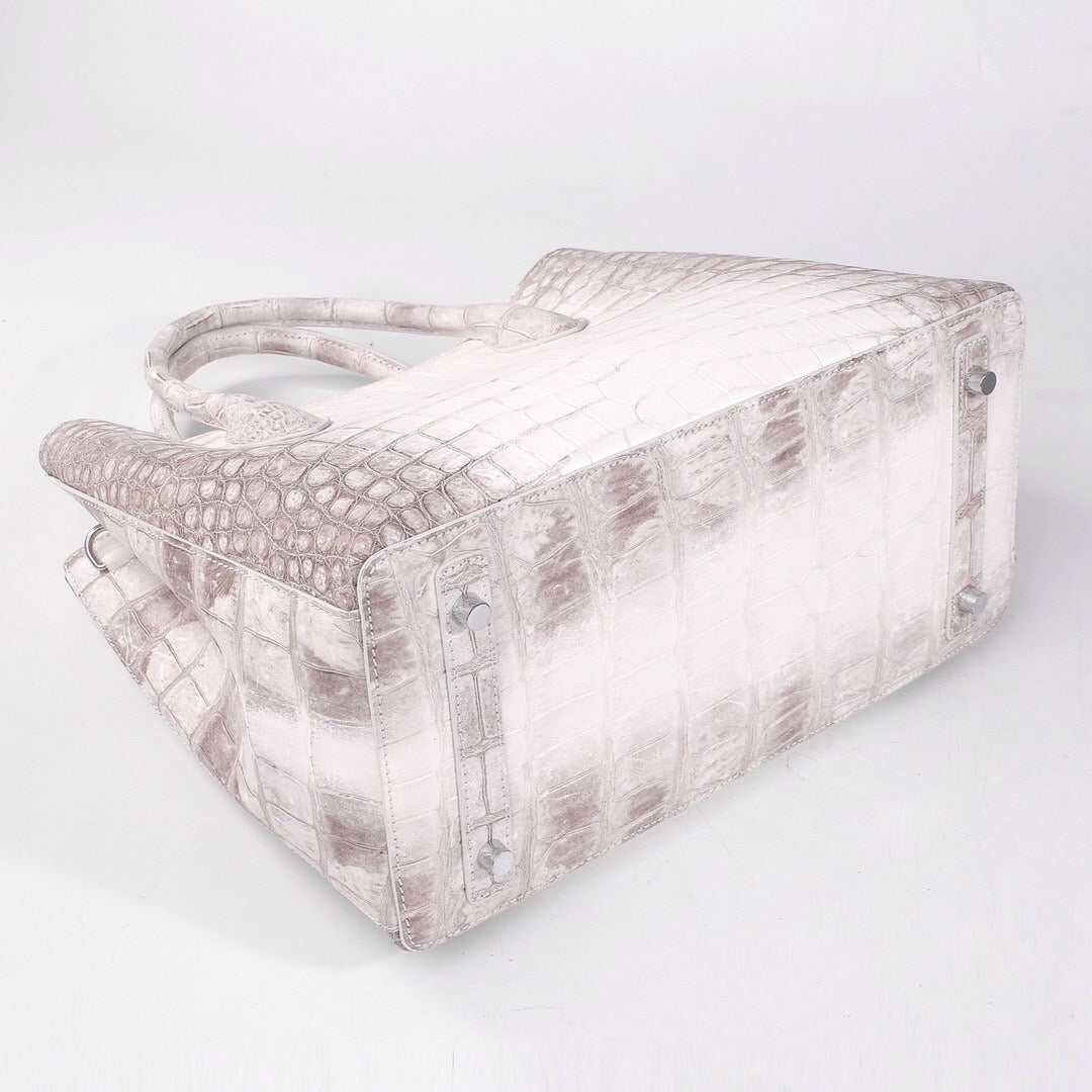 Genuine crocodile leather women's tote shoulder bag in Himalaya white with 32cm size, by Rossie Viren.