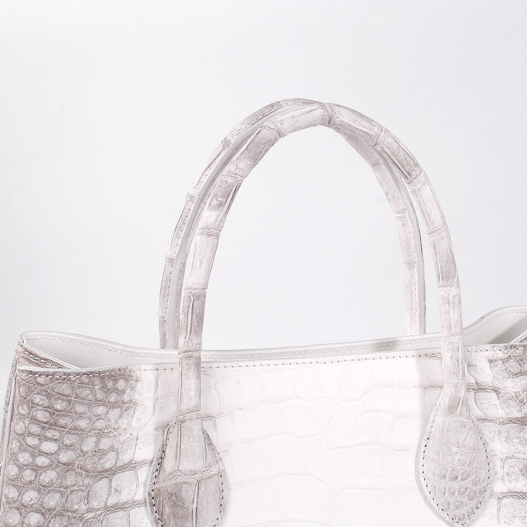 Genuine white crocodile leather women's tote shoulder bag by Rossie Viren, 32cm, with structured design and top handles.