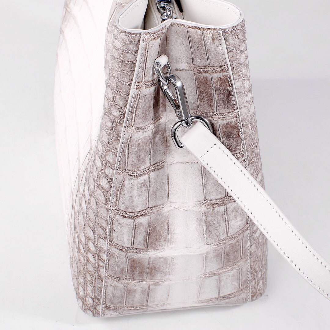White genuine crocodile leather women's tote shoulder handbag by Rossie Viren, featuring a 32cm spacious design.