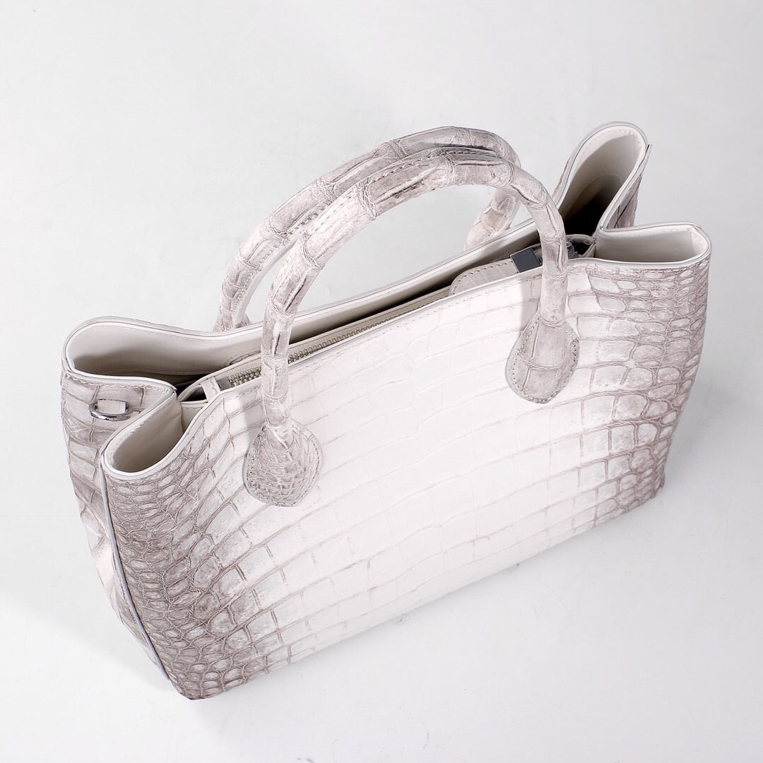 Genuine crocodile leather women's tote shoulder bag in Himalaya white with 32cm size, by Rossie Viren.