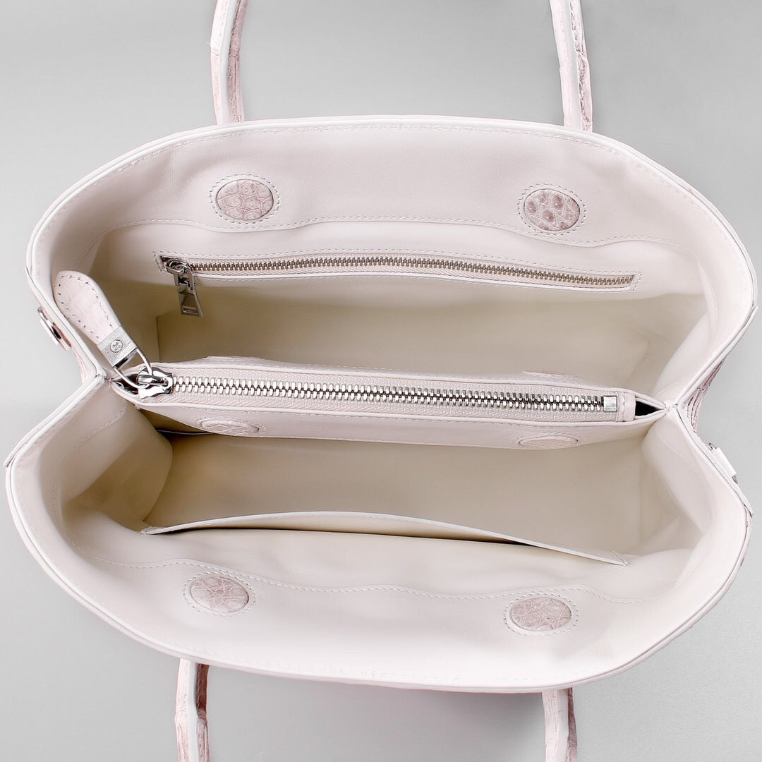 Genuine crocodile leather women's tote shoulder bag in Himalaya white with 32cm size, by Rossie Viren.