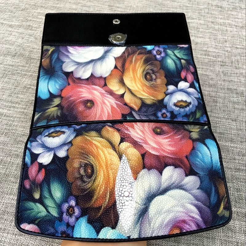 Genuine stingray TriFold wallet with floral design for women by Rossie Viren, showing textured stingray material and colorful floral accents.