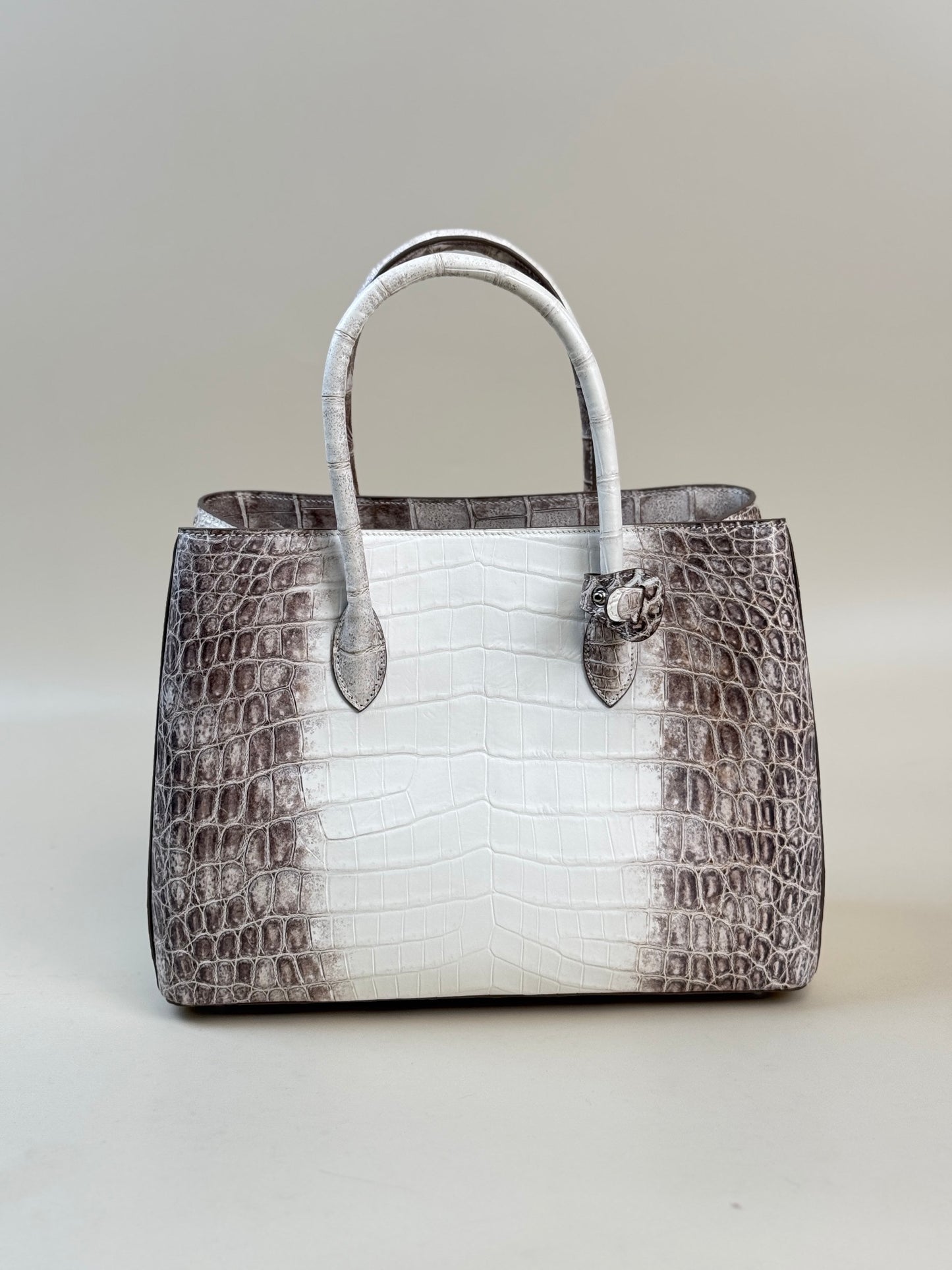 Genuine crocodile leather women's tote shoulder bag in Himalaya white, 35cm by Rossie Viren with sleek, textured design.