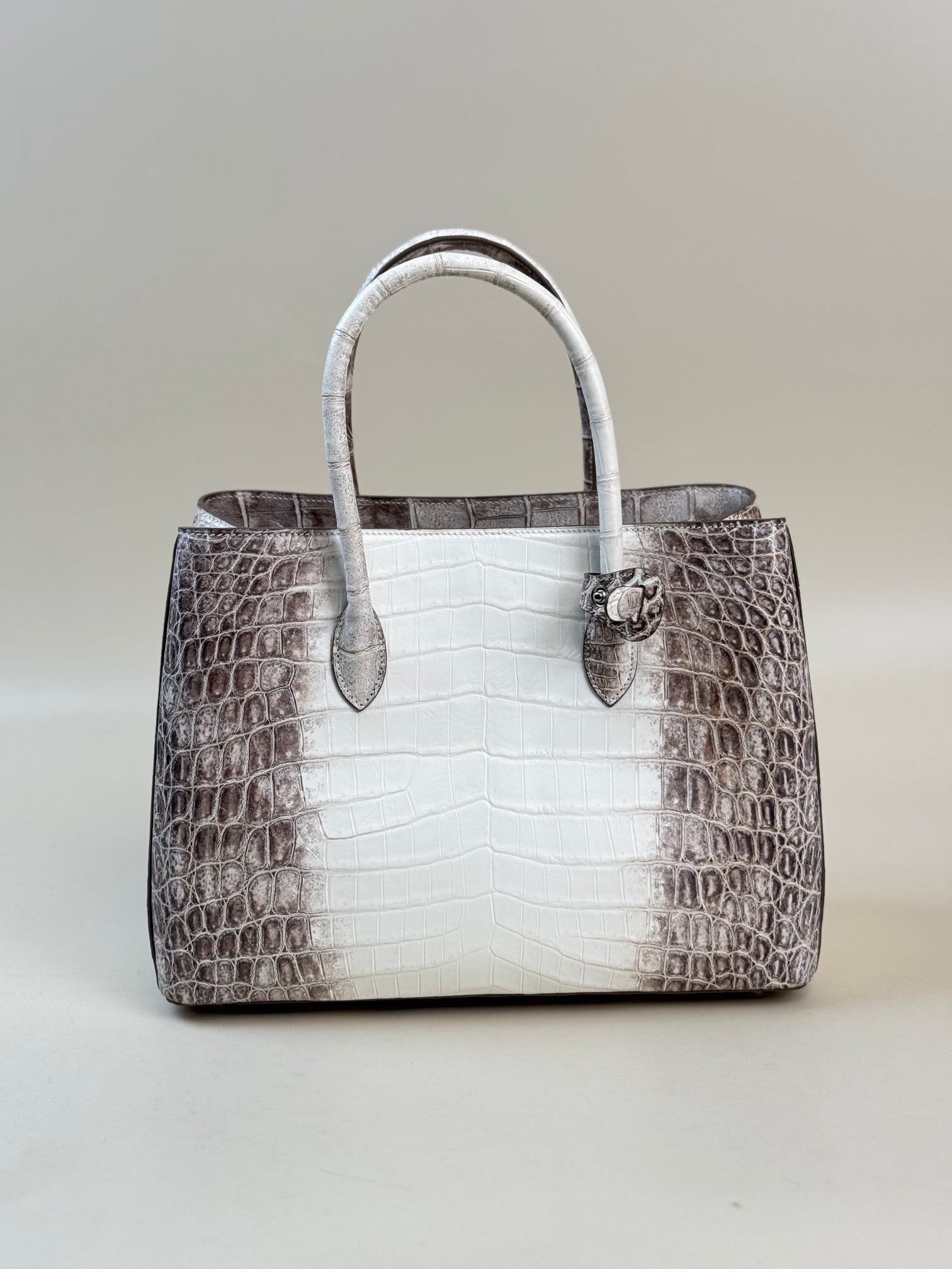 Genuine crocodile leather women's tote shoulder bag in Himalaya white, 35cm by Rossie Viren with sleek, textured design.