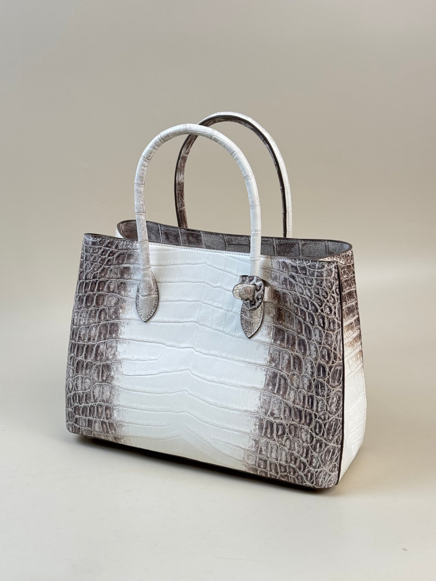 Genuine crocodile leather women's tote shoulder bag in Himalaya white by Rossie Viren, featuring a 35cm spacious handbag design.