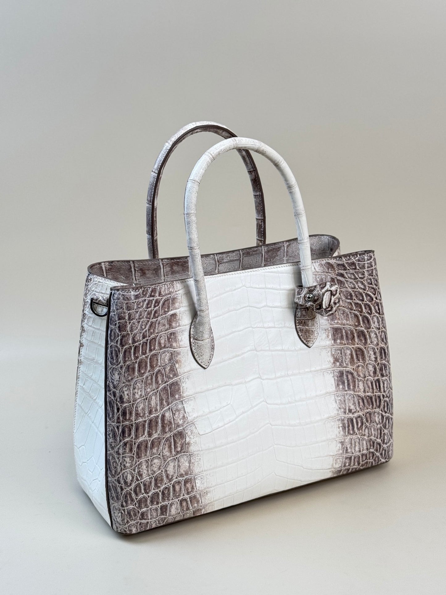 Genuine white crocodile leather women's tote shoulder bag by Rossie Viren, 35cm, with elegant design and textured crocodile pattern.