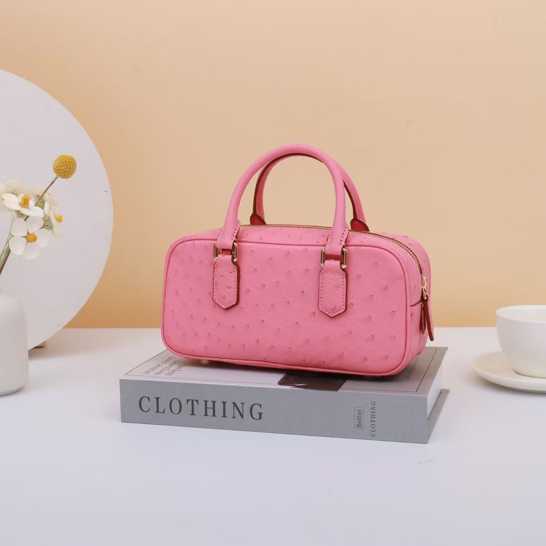 Genuine Ostrich Skin Leather Mini Top Handle Bowler Bag