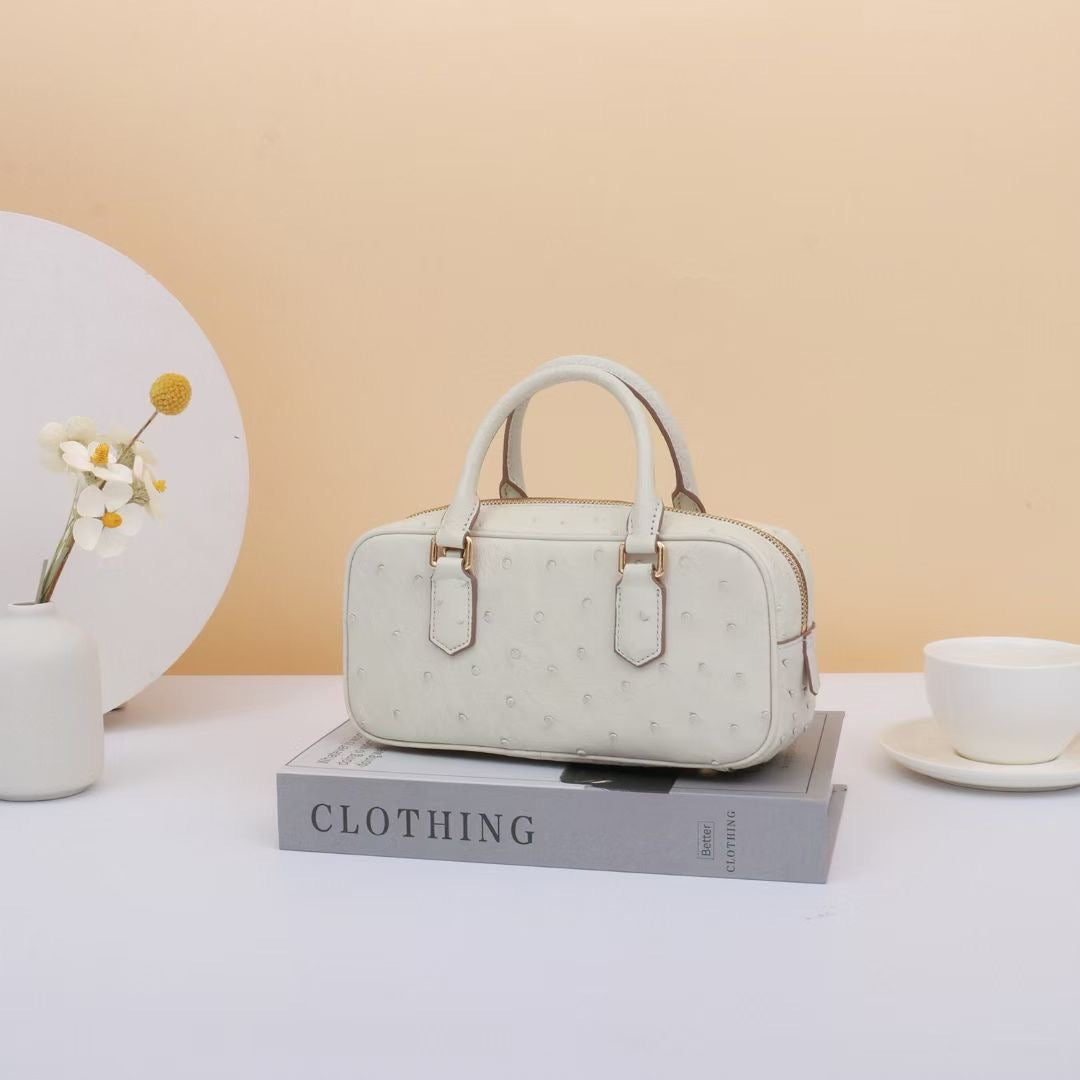 Genuine Ostrich Skin Leather Mini Top Handle Bowler Bag