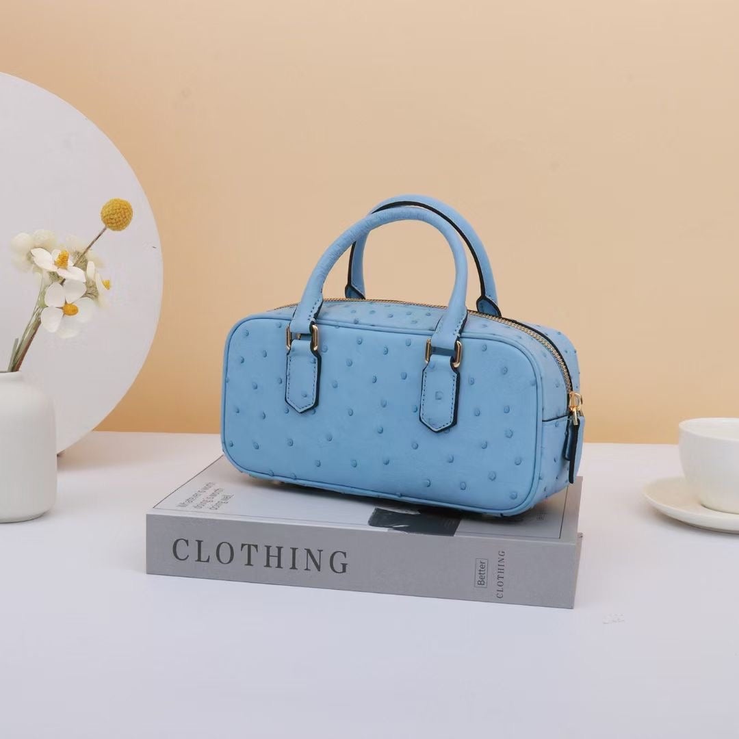 Genuine Ostrich Skin Leather Mini Top Handle Bowler Bag
