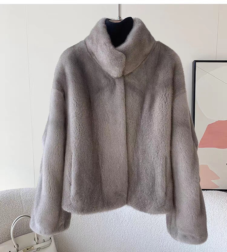 Women's Short Whole Mink Fur Coat,Imported Purple Label Velvet Mink, Stand Collar Short Fur Jacket