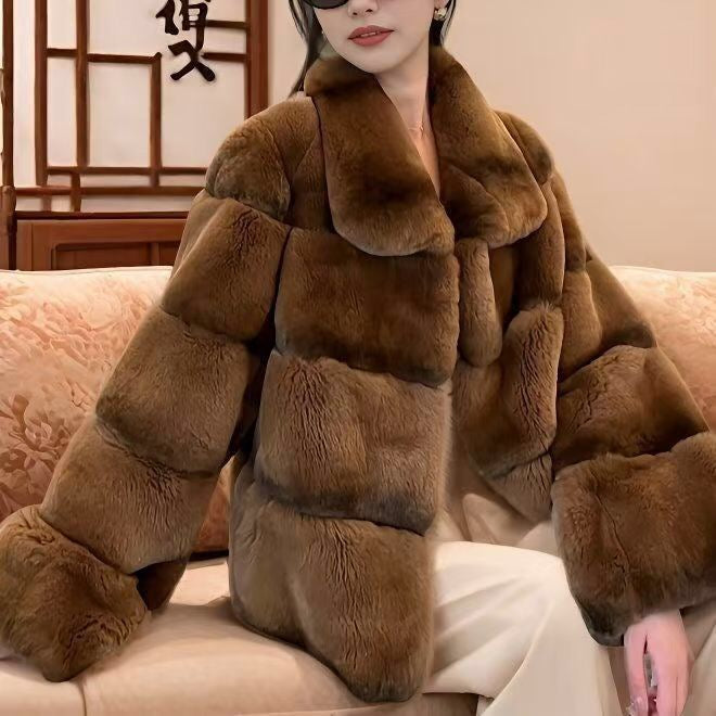 Women's  Brown Chinchilla Dyed Rex Rabbit Fur Jacket