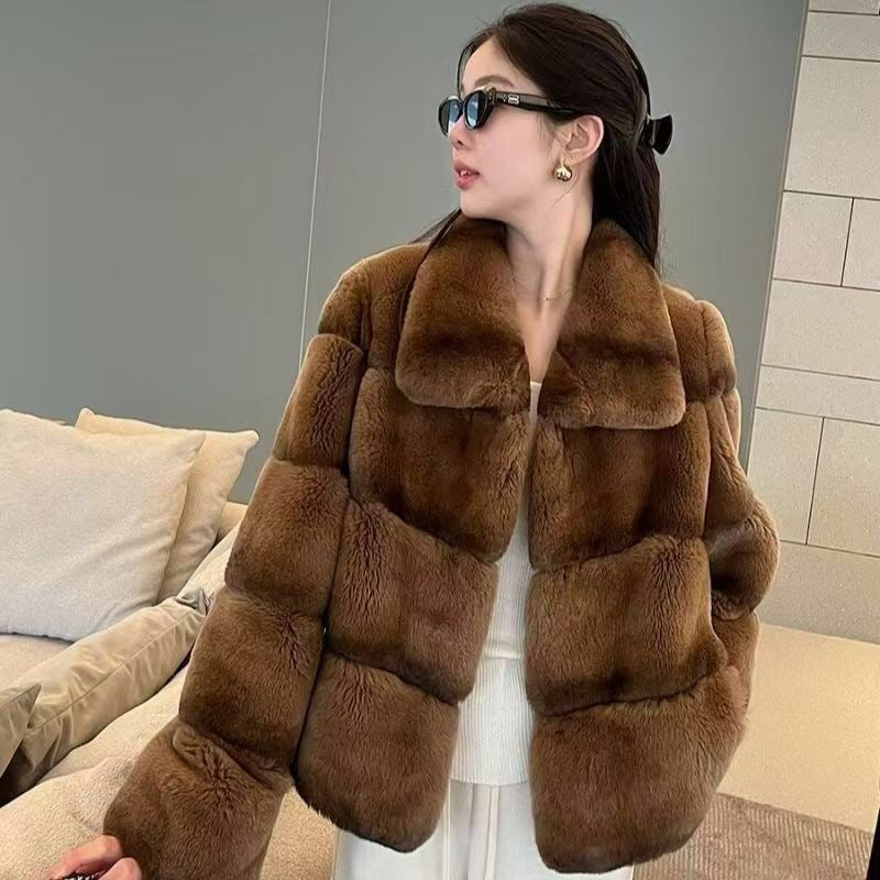Women's  Brown Chinchilla Dyed Rex Rabbit Fur Jacket