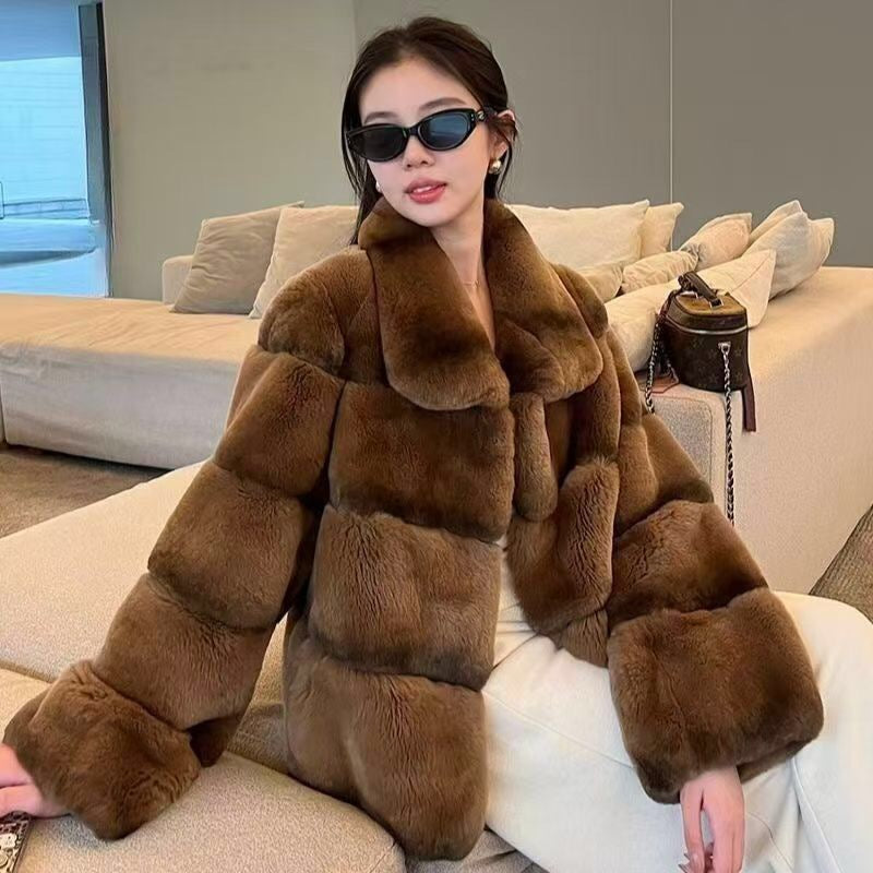 Women's  Brown Chinchilla Dyed Rex Rabbit Fur Jacket