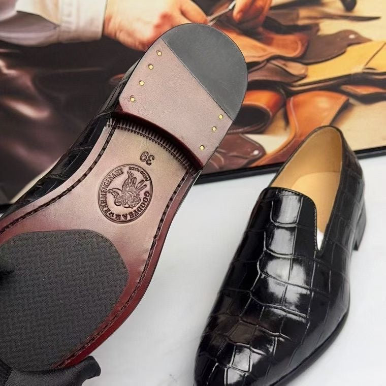 Black genuine crocodile leather slip-on loafers by Rossie Viren, showcasing sleek, polished crocodile skin shoes for men.