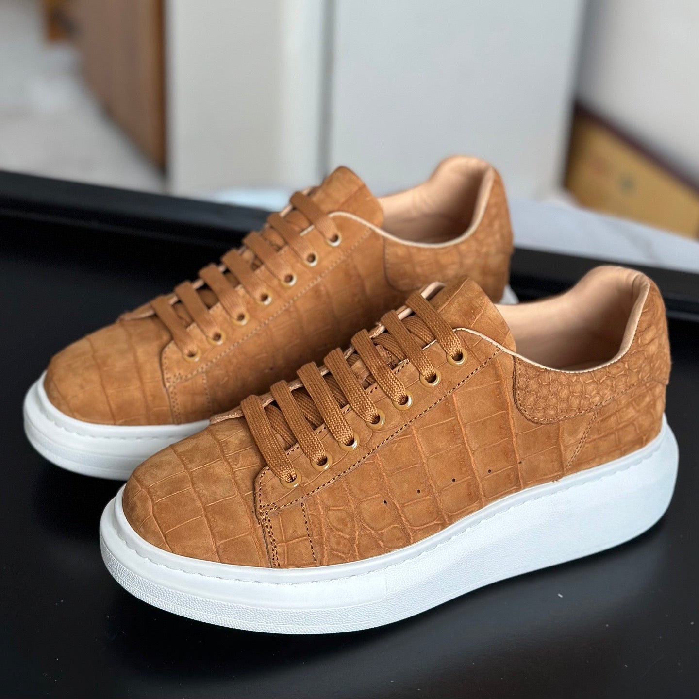 Rossie Viren crocodile sneakers in tan genuine nubuck crocodile leather with stylish design and detailed craftsmanship.