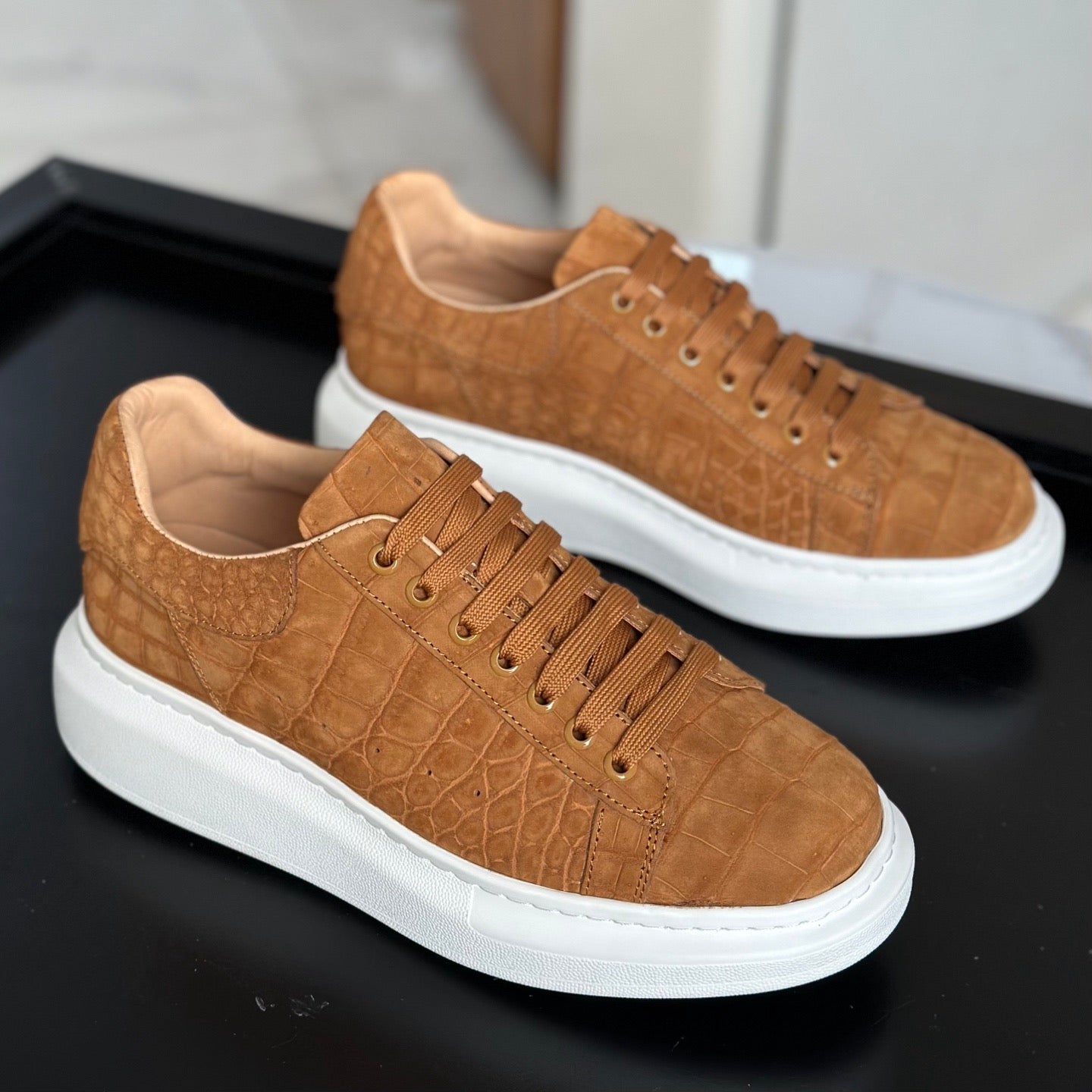 Tan Nubuck Crocodile Sneakers by Rossie Viren featuring genuine crocodile leather and stylish shoe design.