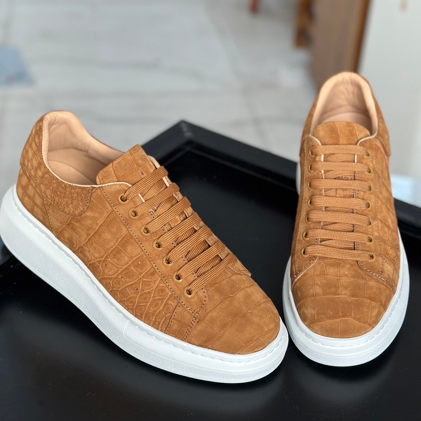 Rossie Viren crocodile sneakers made from genuine tan nubuck crocodile leather, showcasing stylish shoes with detailed texture.