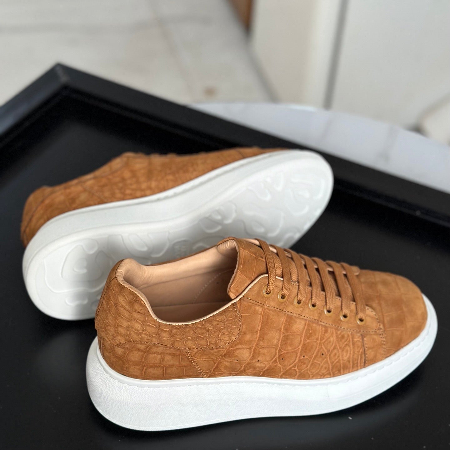 Rossie Viren crocodile sneakers made of tan nubuck genuine crocodile leather, stylish shoes with detailed texture.