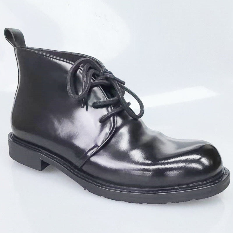 Genuine Shell Cordovan leather short lace-up Martin boots by Rossie Viren, showcasing their sleek design and rich leather texture.