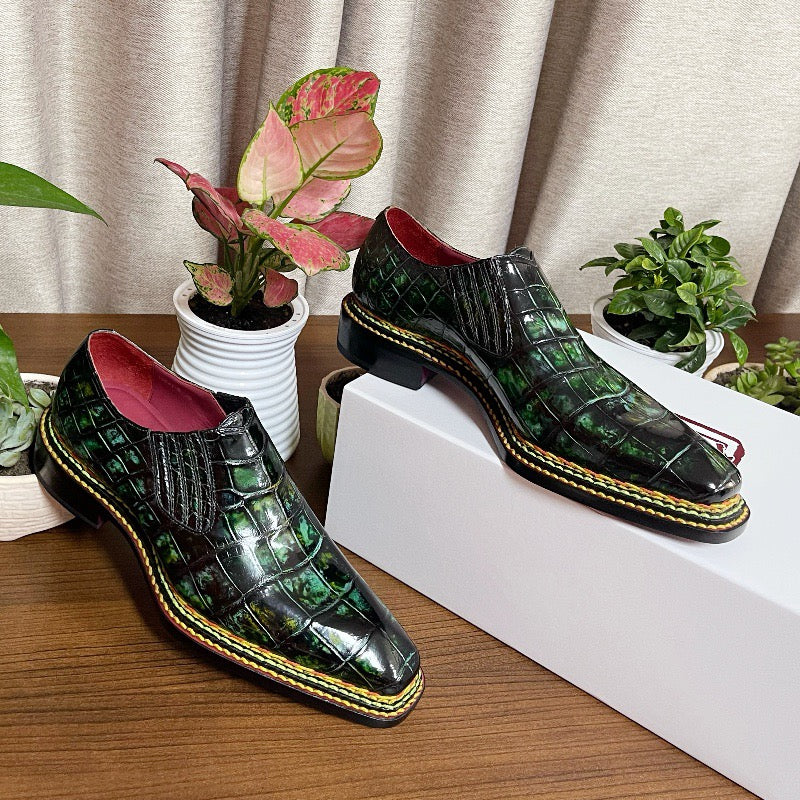 Crocodile Shoes, Men's Vintage  Green Norwegian Slip-On Loafer Shoes