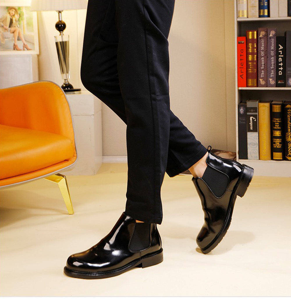 Genuine Shell Cordovan leather Martin boots by Rossie Viren with round toe, stylish men's shoes, side view showing smooth leather finish.