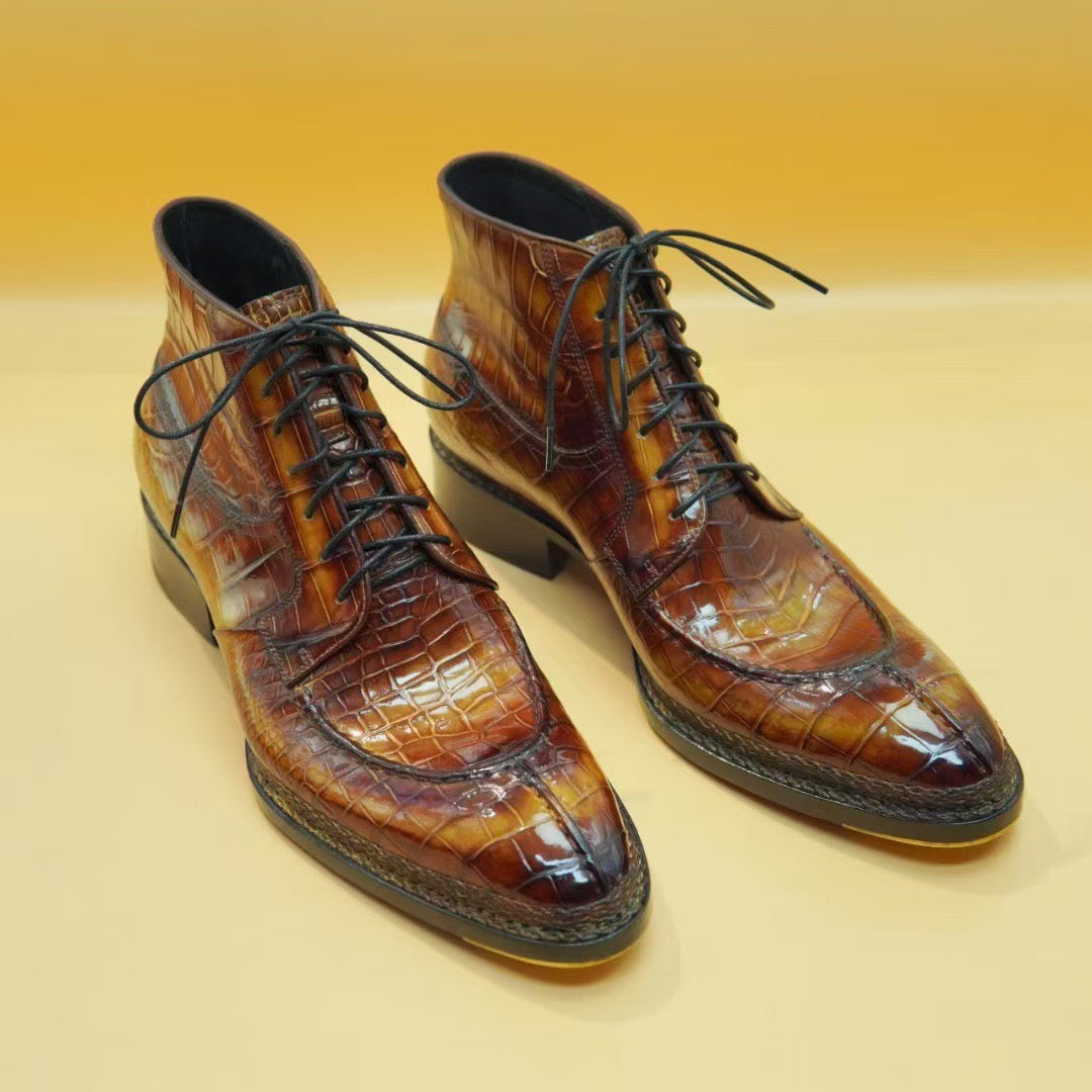 Crocodile Shoes,  Men's Norwegian Vintage Tan  Lace Up Boots