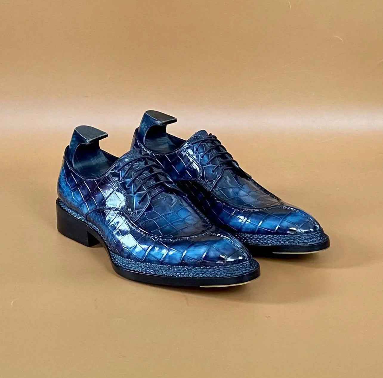 Crocodile Shoes, Men's Crocodile Leather Lace Up Business Dress Shoes Vintage Blue