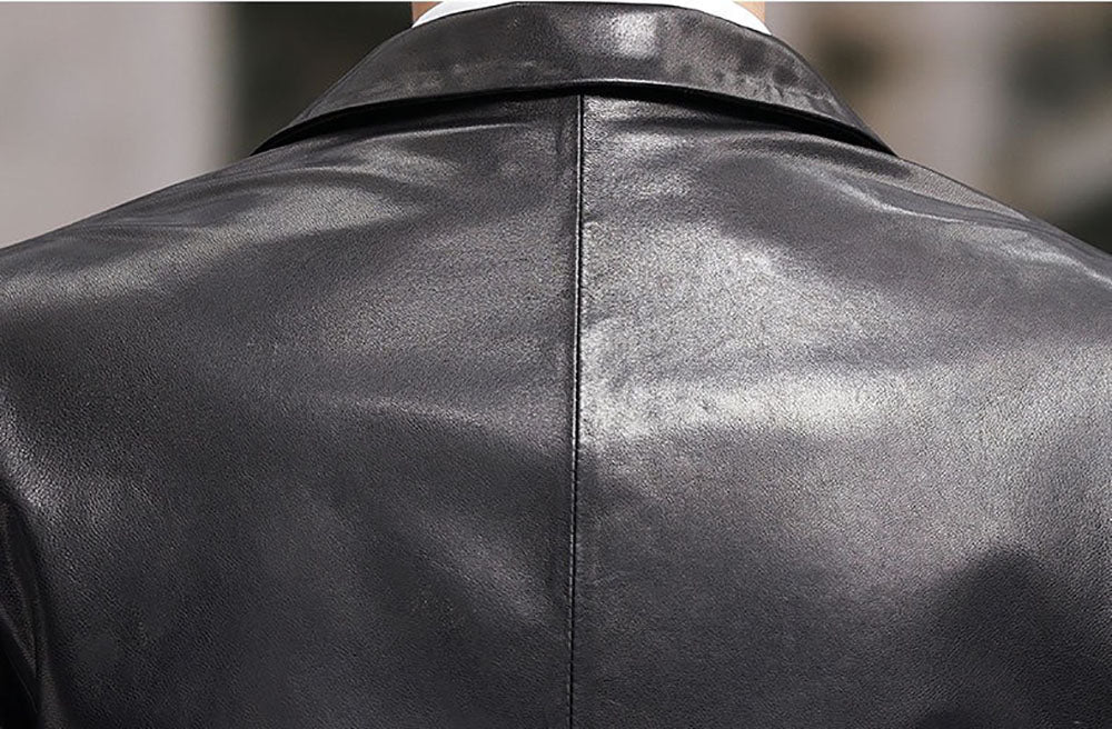 Black leather blazer jacket by Rossie Viren showing a tailored fit and classic collar detail.