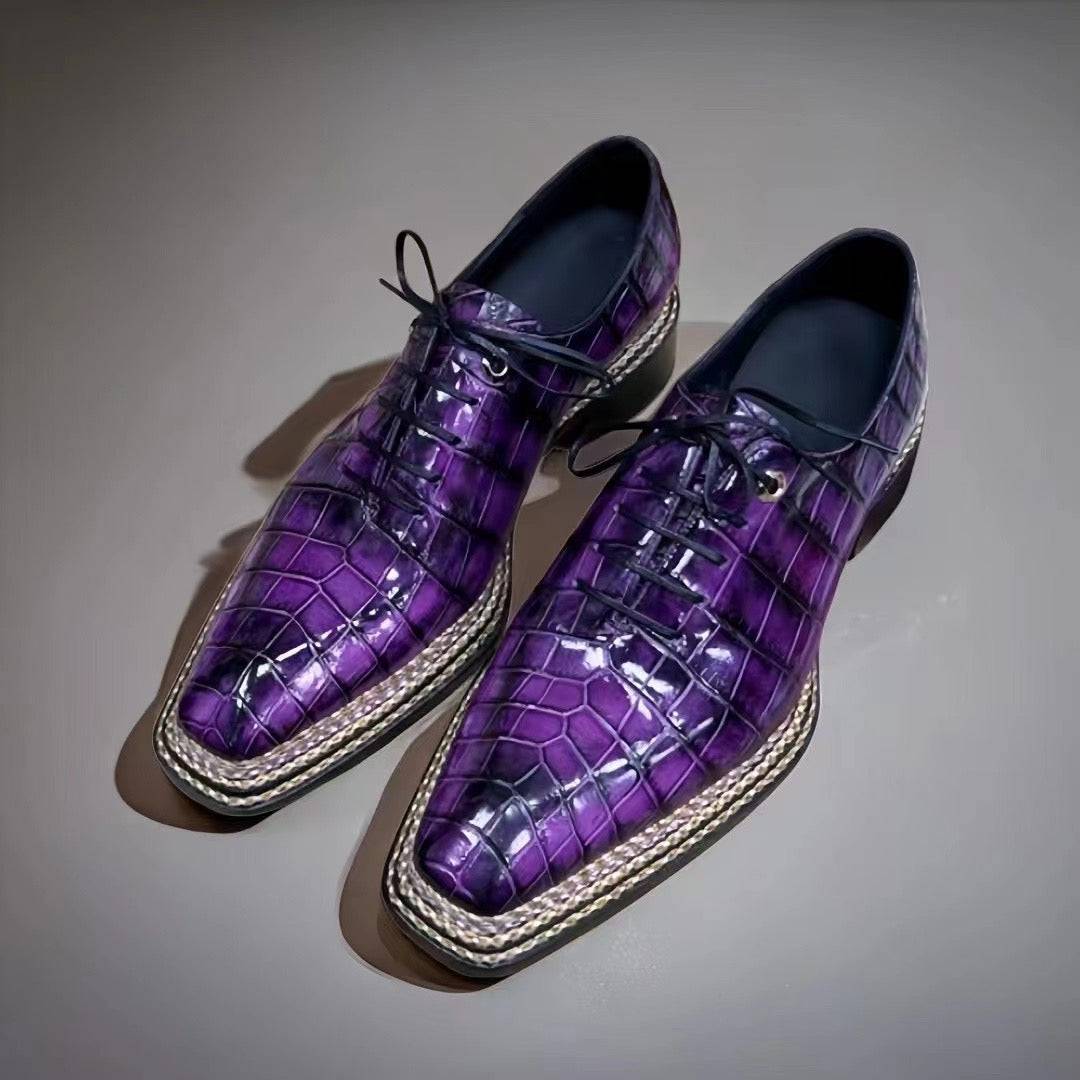Rossie Viren crocodile leather Norwegian nine-line sewn Goodyear fiddleback sole dress shoes in vintage fuchsia, lace-up design.
