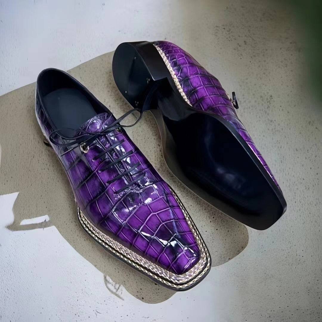 Rossie Viren crocodile leather dress shoes with nine-line sewn goodyear fiddleback sole and lace-up design in vintage fuchsia color.