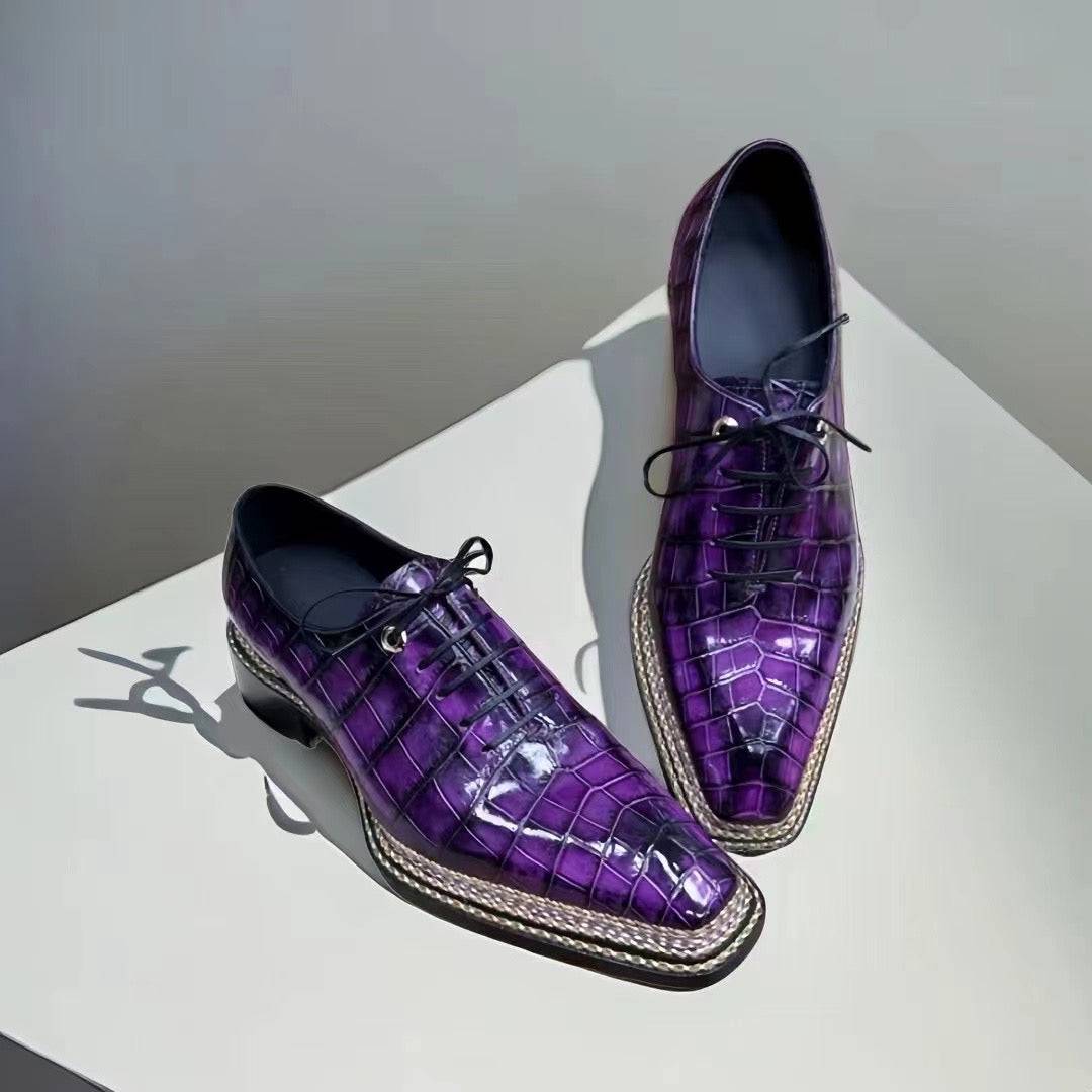 Vintage fuchsia crocodile leather dress shoes with nine-line sewn goodyear fiddleback sole and lace-up design by Rossie Viren.