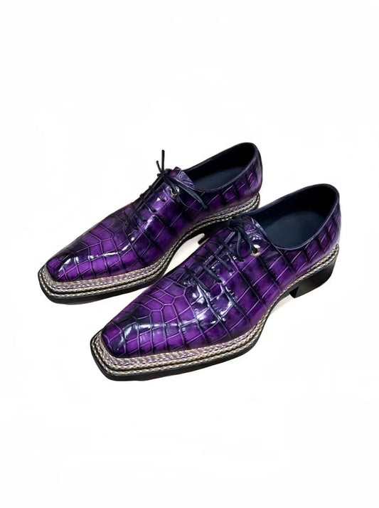 Crocodile Leather Norwegian Nine-Line Sewn Goodyear Fiddleback Sole Lace Up Dress Shoes Vintage Fuchsia
