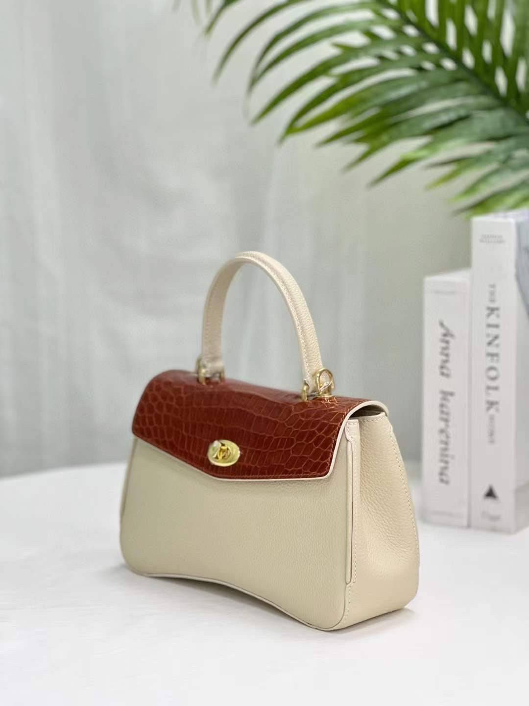 Womens Top Handle Bag Togo Leather  / Shiny Wine Red Crocodile Skin Leather Gold Hardware