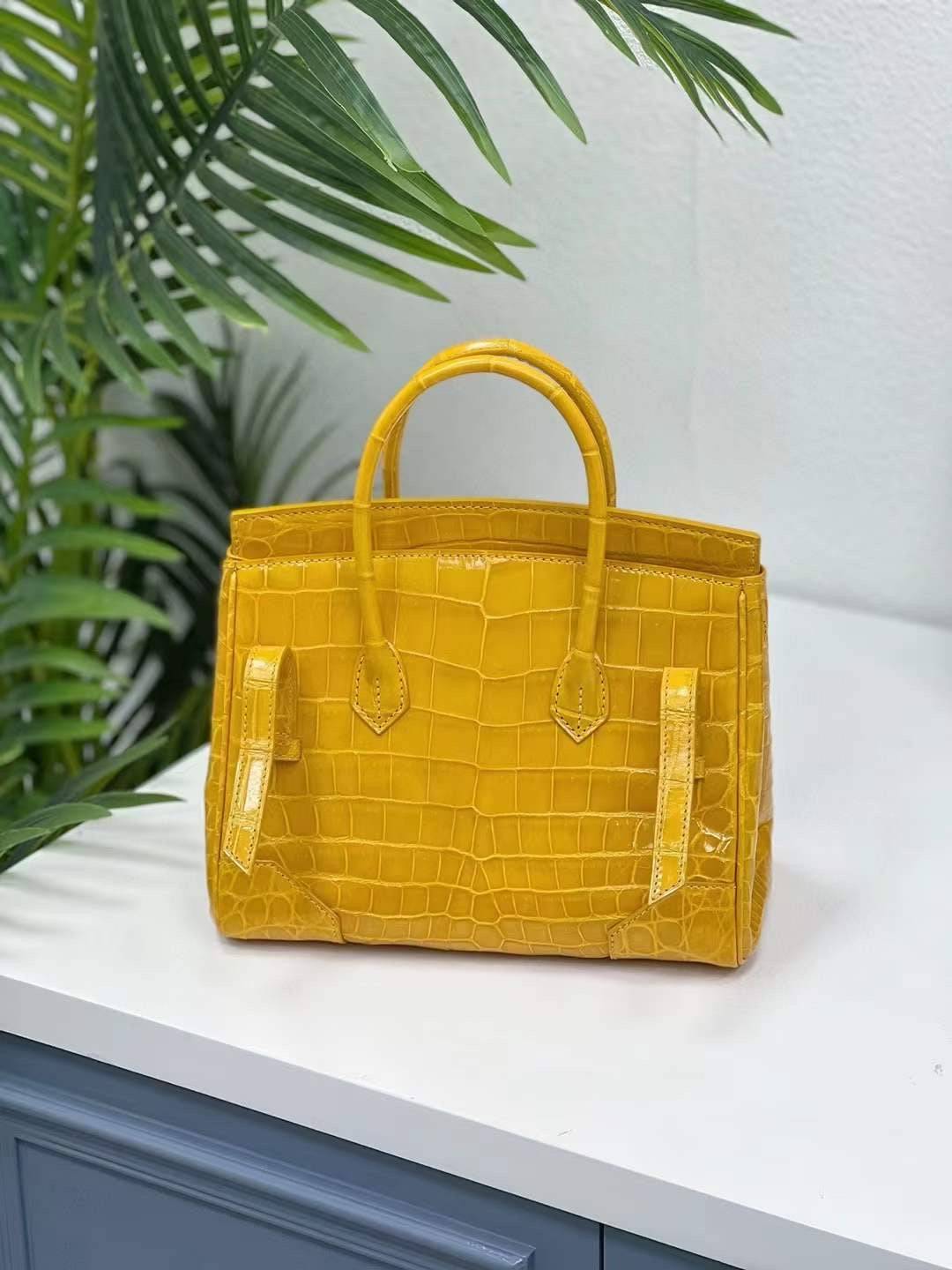 Genuine Crocodile Leather Top Handle Bag Shiny Yellow