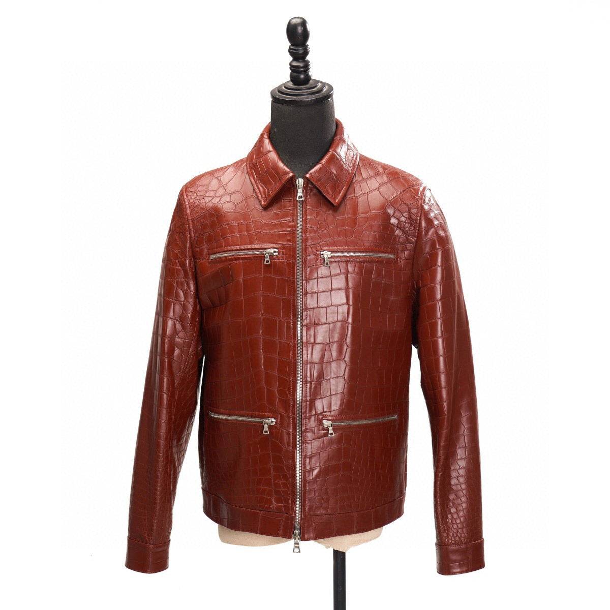 Red crocodile leather jacket by Rossie Viren, zip-up slim fit casual trucker coat with textured crocodile pattern.