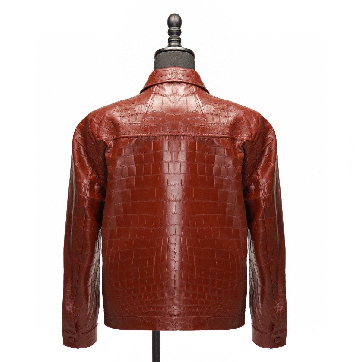 Red crocodile leather jacket by Rossie Viren, slim fit casual zip-up trucker coat with textured crocodile pattern.