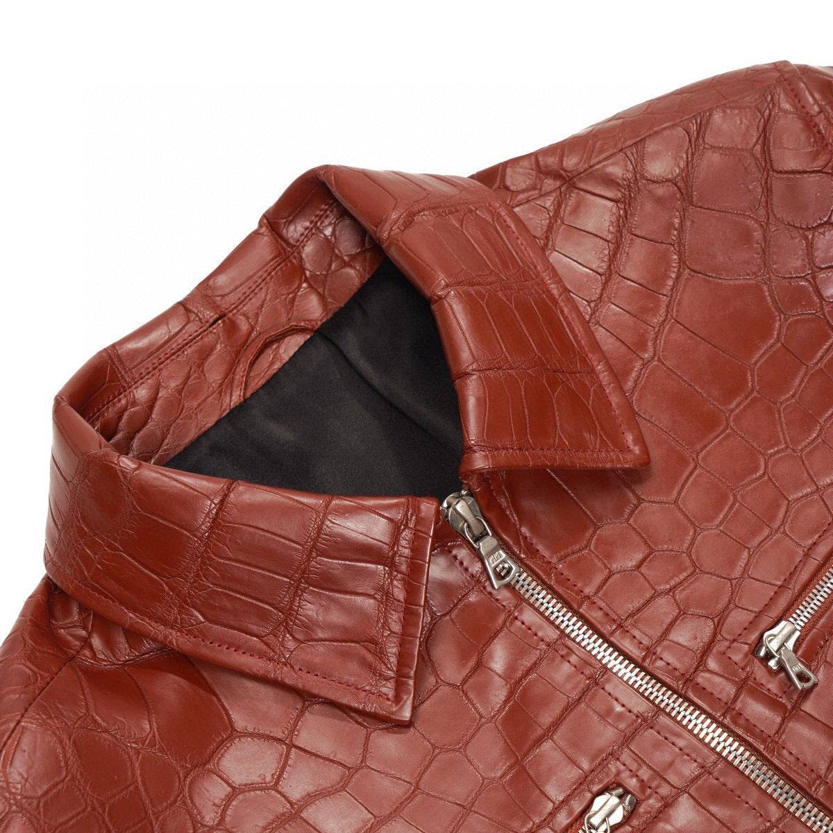 Red crocodile leather jacket by Rossie Viren, slim fit casual zip-up trucker coat with textured crocodile pattern.
