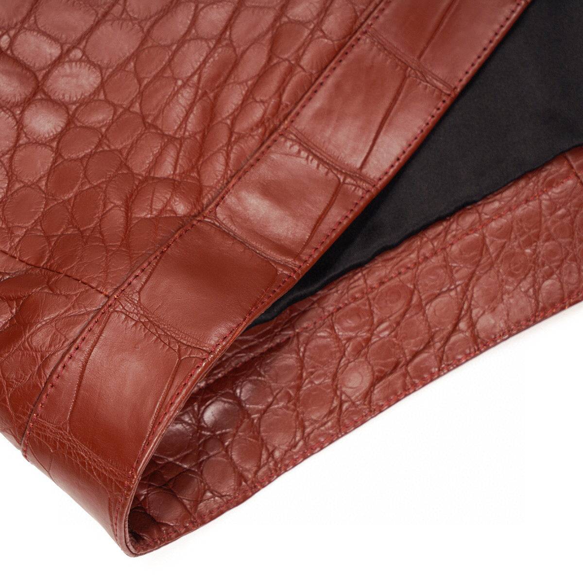 Red crocodile leather jacket by Rossie Viren, slim fit casual zip-up trucker coat with stylish texture and modern design.