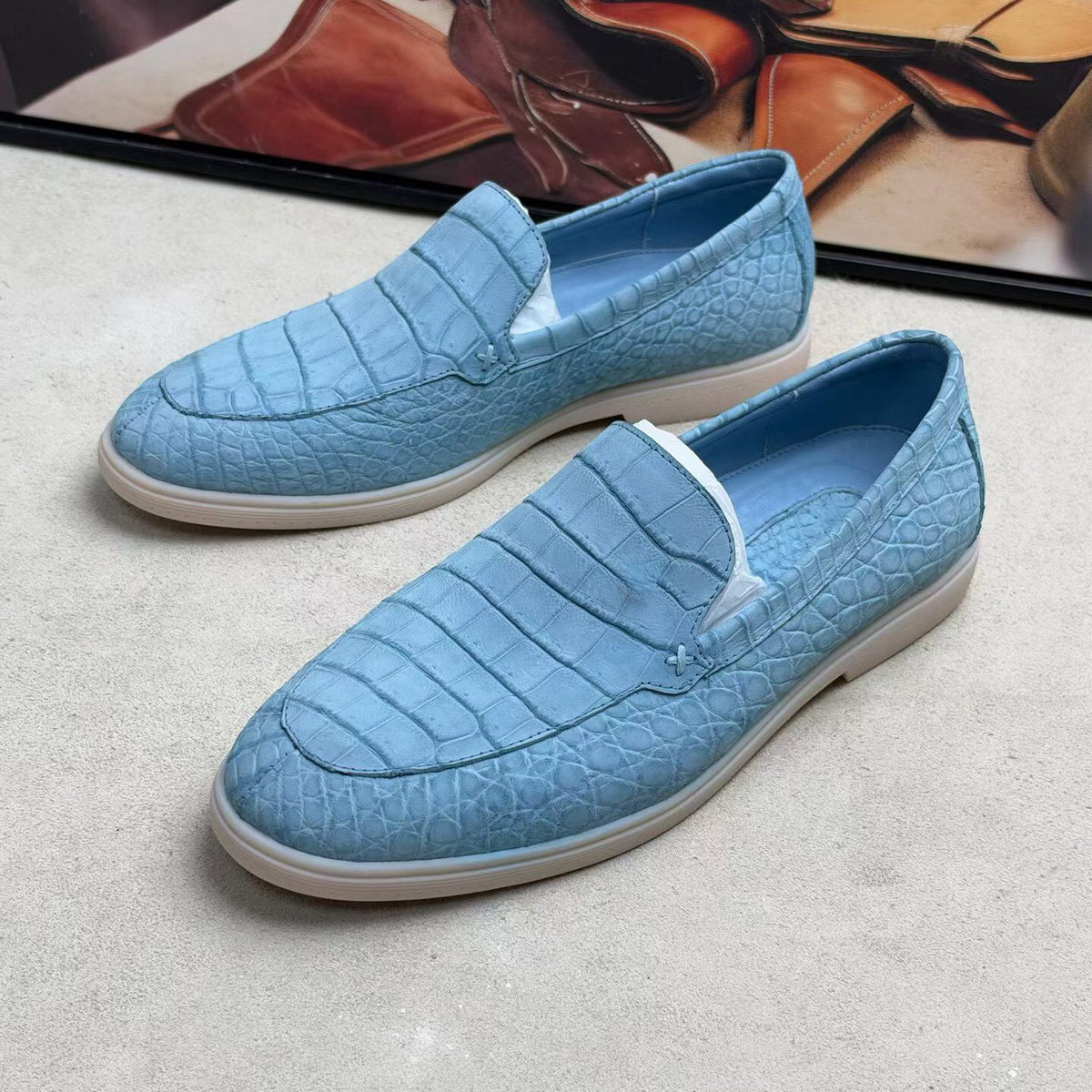 Nubuck Crocodile Shoes,Men's Crocodile Leather Loafers Slip-On Dress Shoes Pale Blue