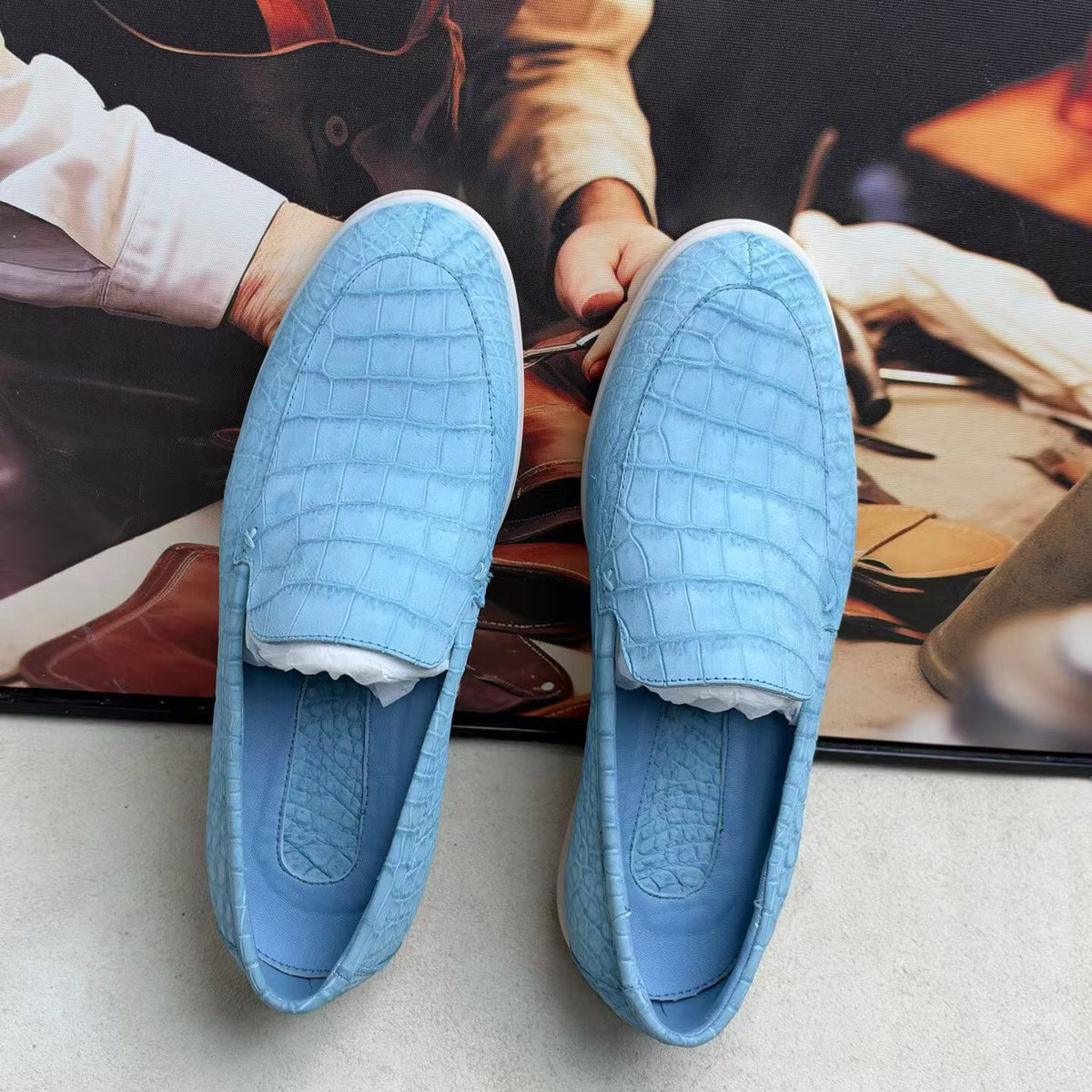 Nubuck Crocodile Shoes,Men's Crocodile Leather Loafers Slip-On Dress Shoes Pale Blue