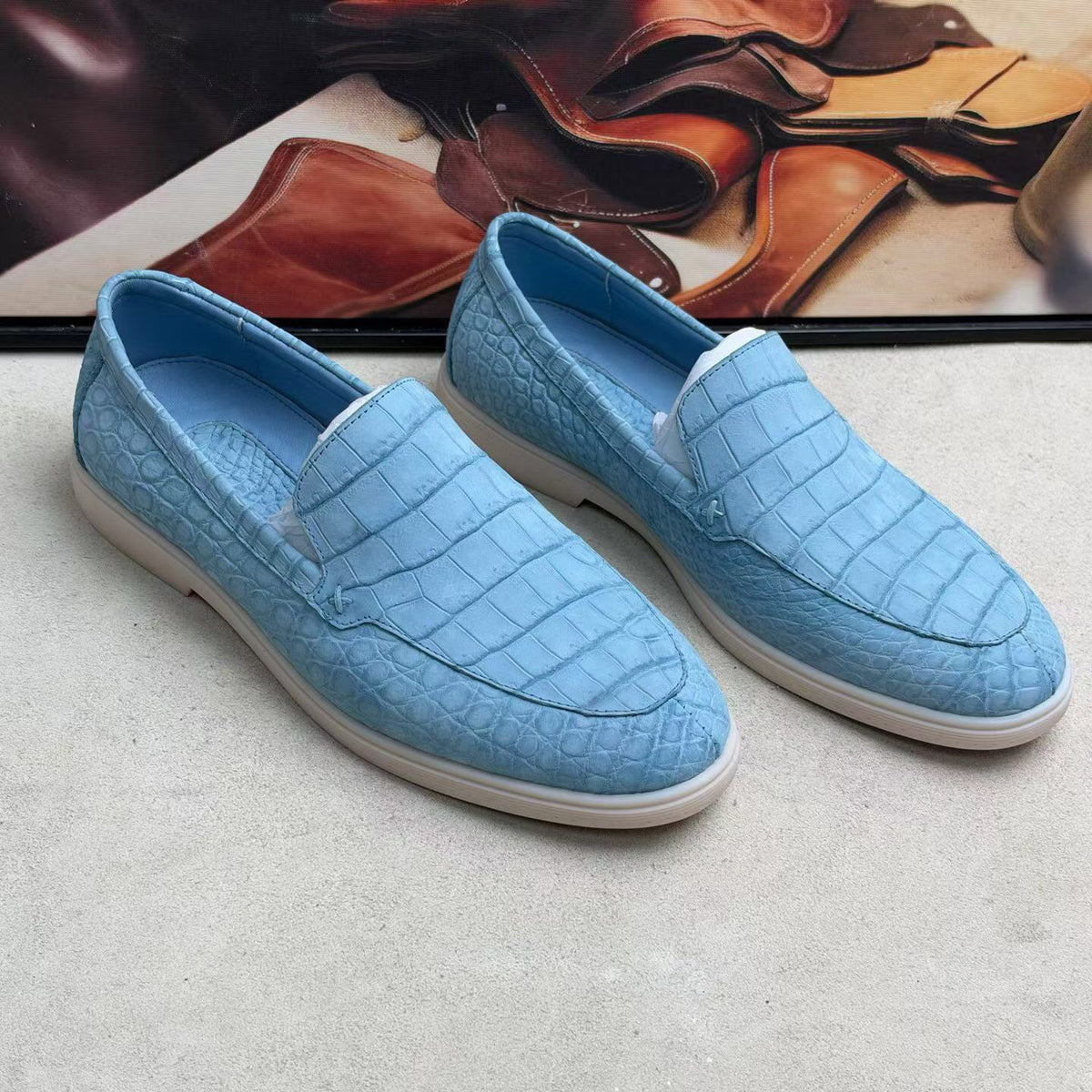Nubuck Crocodile Shoes,Men's Crocodile Leather Loafers Slip-On Dress Shoes Pale Blue