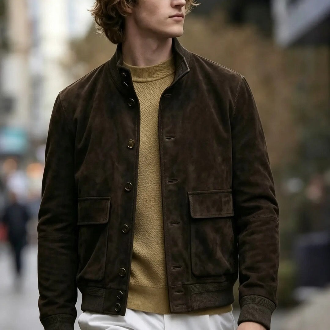 Men's Chocolate Suede Bomber Jacket With High-Neck Men's Coat