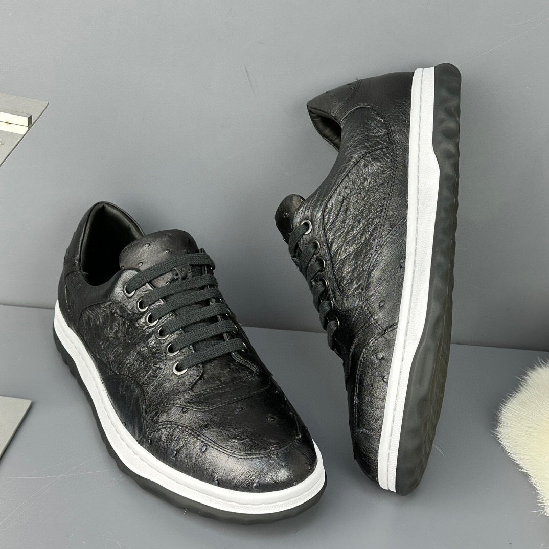 Rossie Viren preorder ostrich skin leather sneaker showing detailed black and brown ostrich leather upper and casual shoe design.