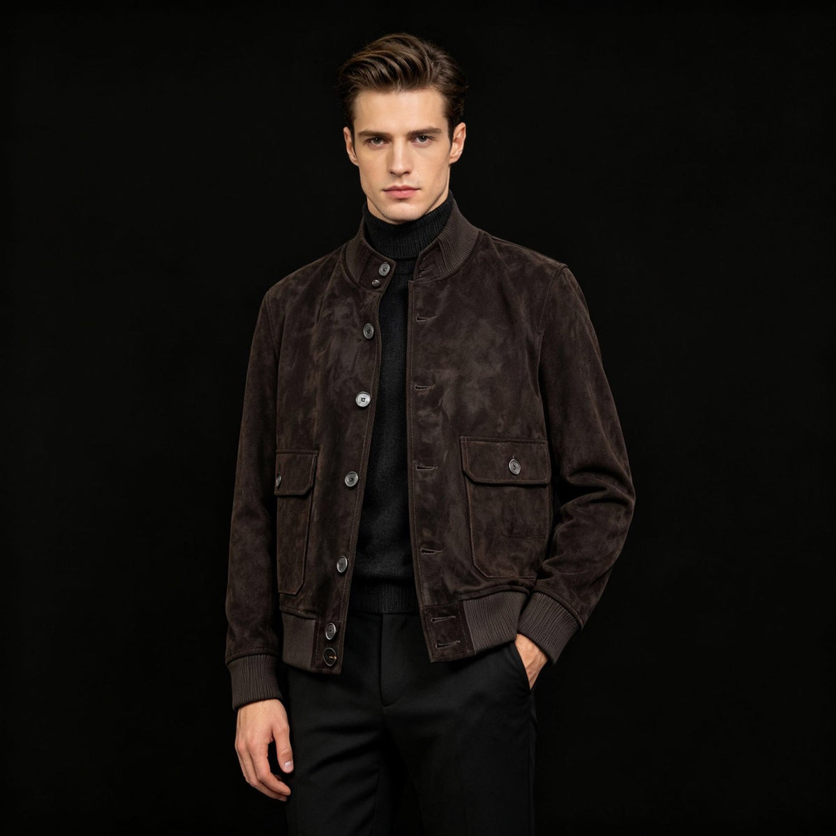 Men's Chocolate Suede Bomber Jacket With High-Neck Men's Coat