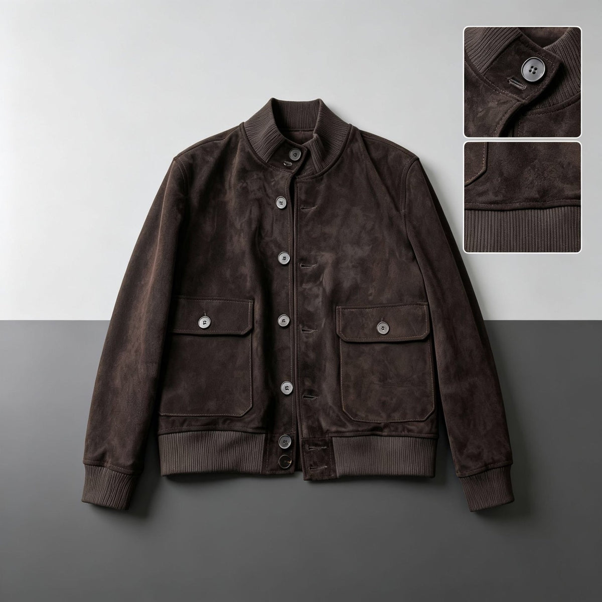 Men's Chocolate Suede Bomber Jacket With High-Neck Men's Coat