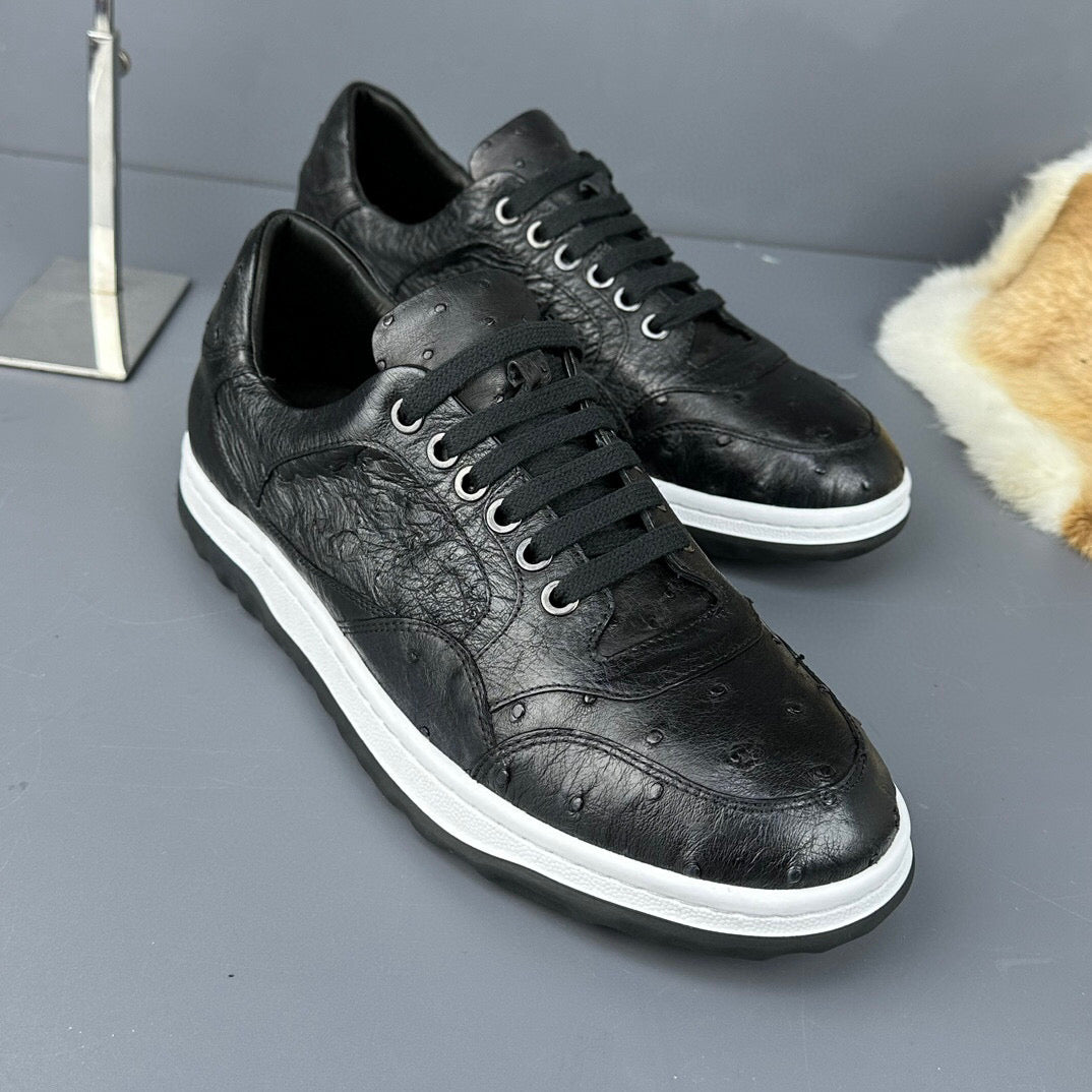 Rossie Viren ostrich skin leather sneaker showing detailed ostrich feather texture and sleek shoe design.