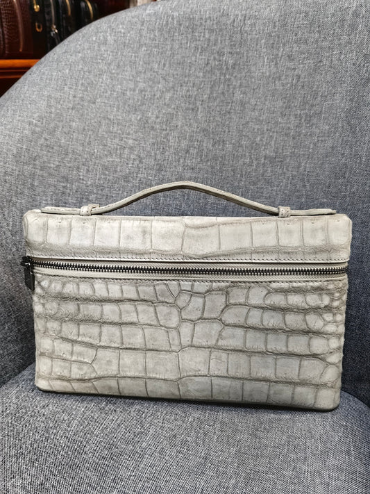 Preorder Unisex Nubuck Genuine Crocodile Skin Leather Zipper Handle Clutch Bag Beige