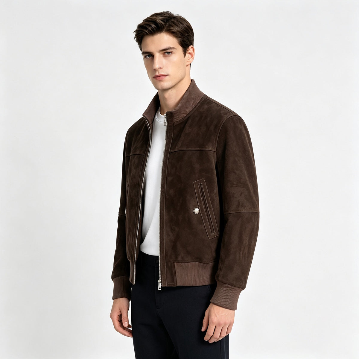 Mens's Suede Leather Zip-Up Bomber Jacket In Tan & Dark Brown