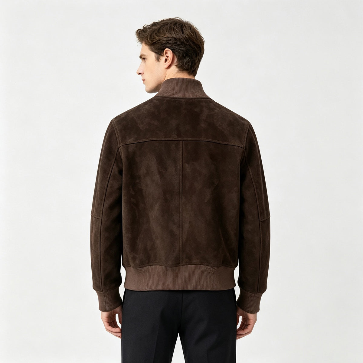 Mens's Suede Leather Zip-Up Bomber Jacket In Tan & Dark Brown