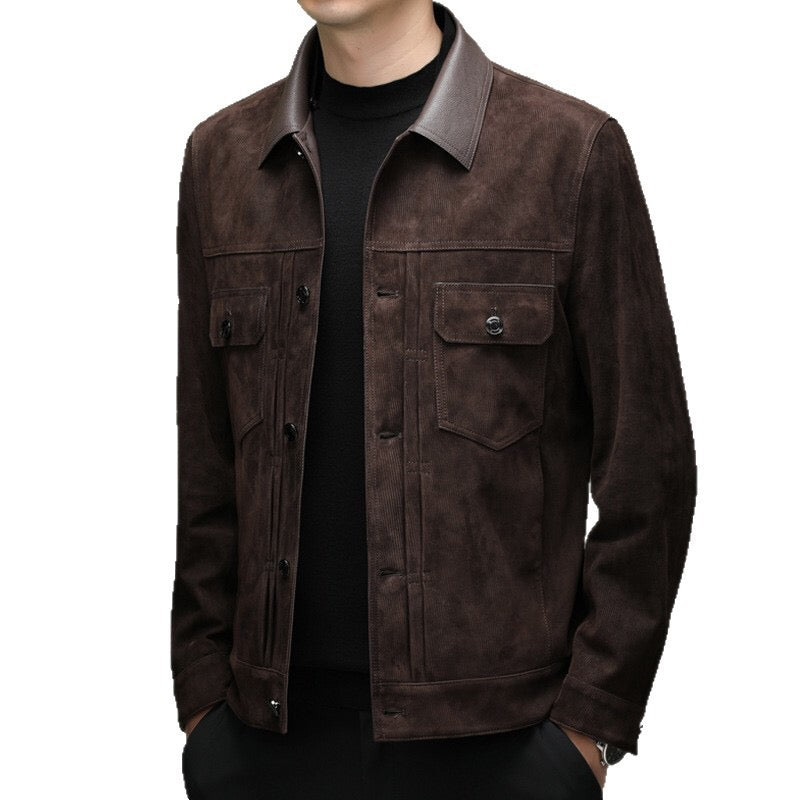 Men's Trucker Leather Jacket, Leather-Trimmed Suede Trucker Zip Up Jacket